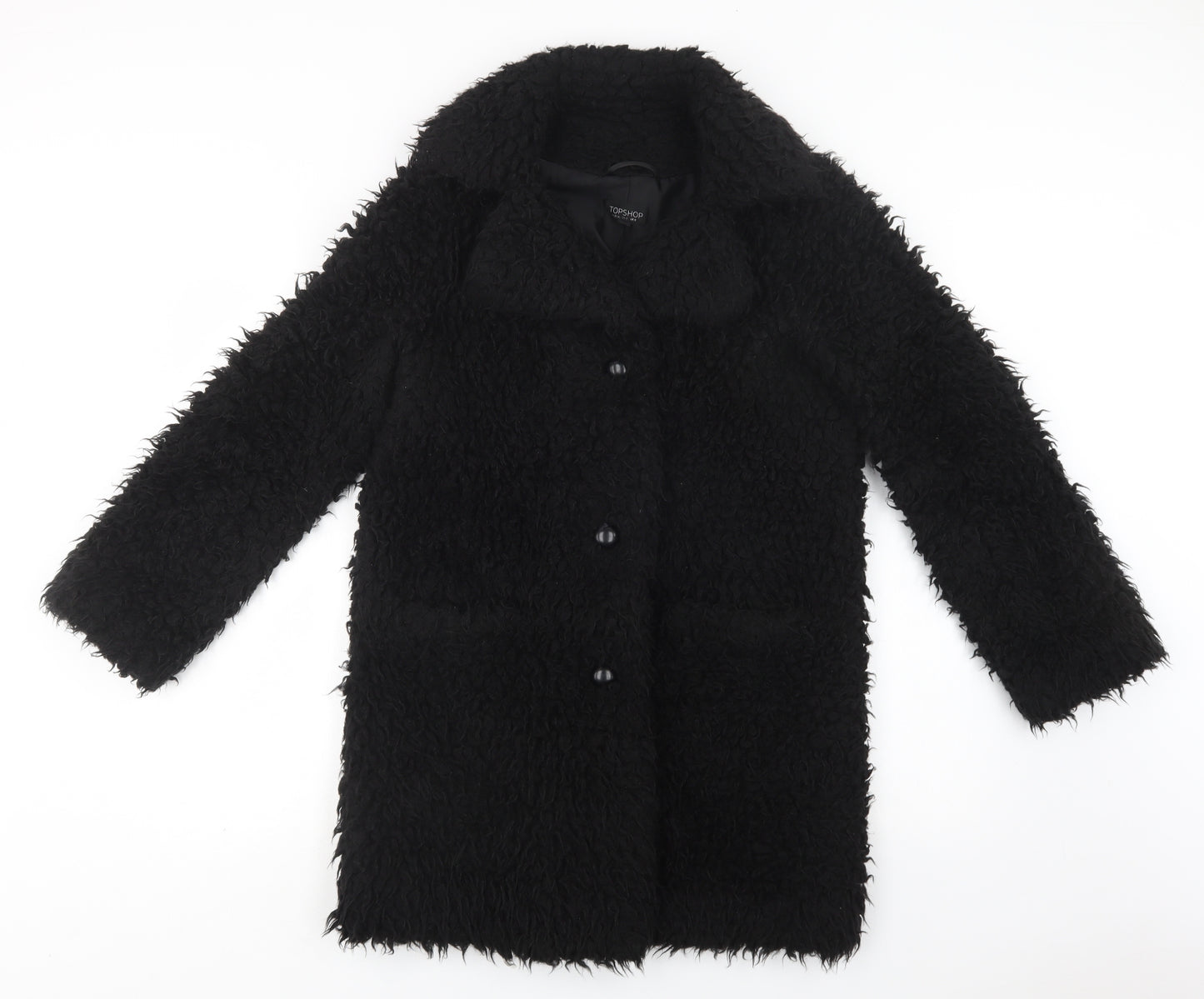 Topshop Womens Black   Overcoat Coat Size 8  Button - Fluffy
