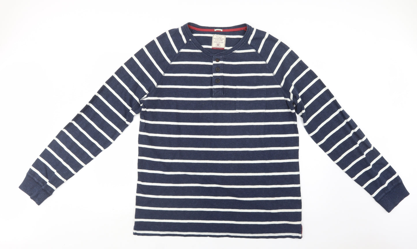 Fat Face Mens Blue Striped Cotton  T-Shirt Size L Henley