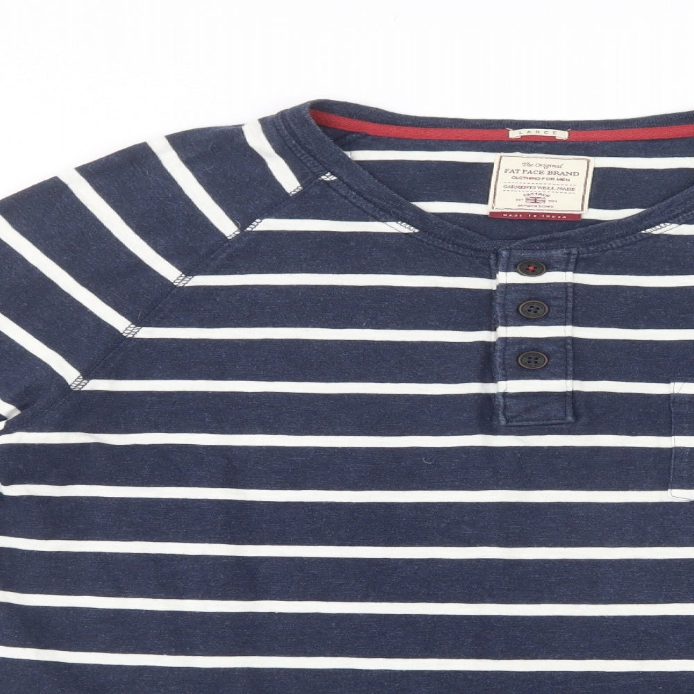 Fat Face Mens Blue Striped Cotton  T-Shirt Size L Henley