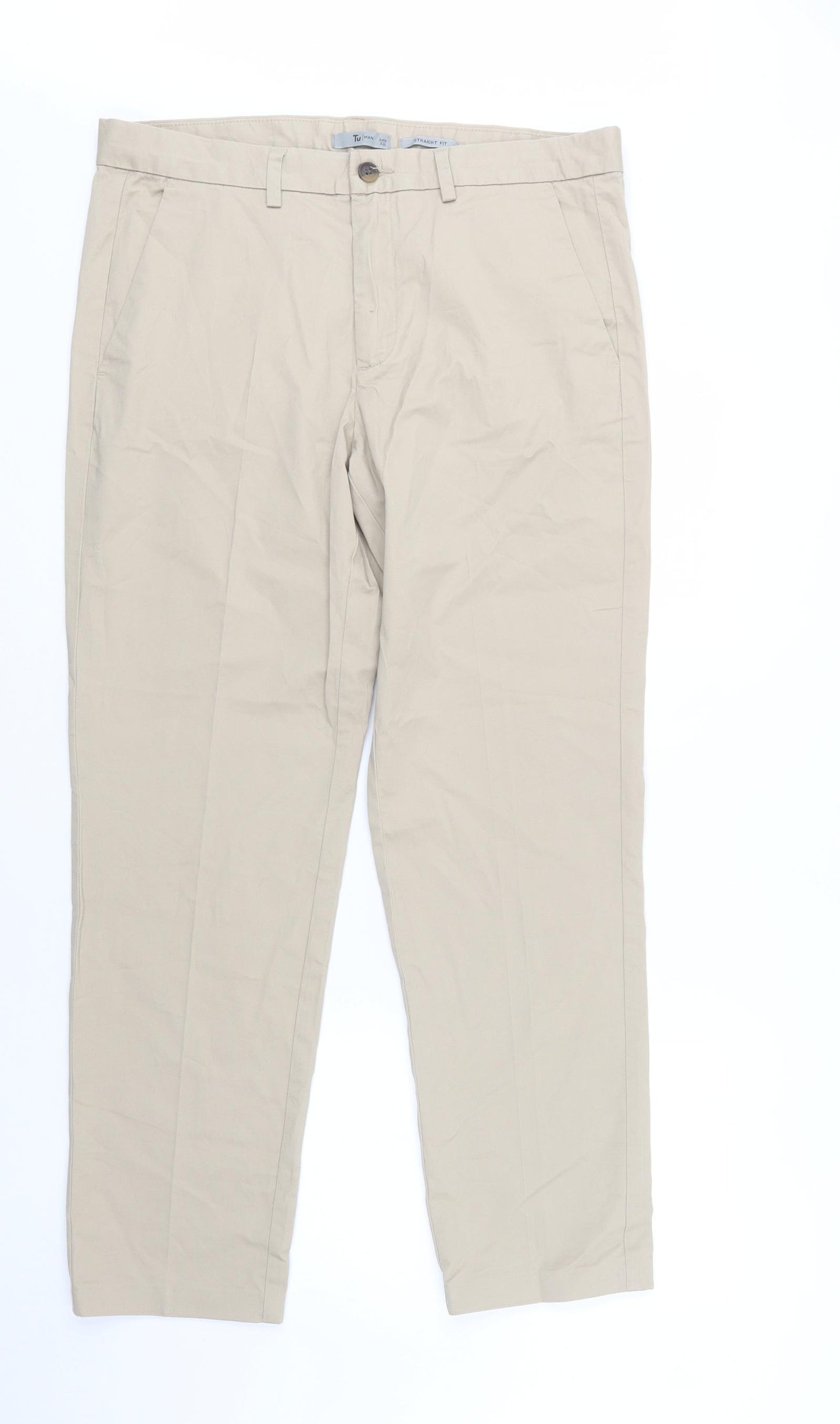 TU Mens Beige  Cotton Chino Trousers Size 34 L32 in Regular Button