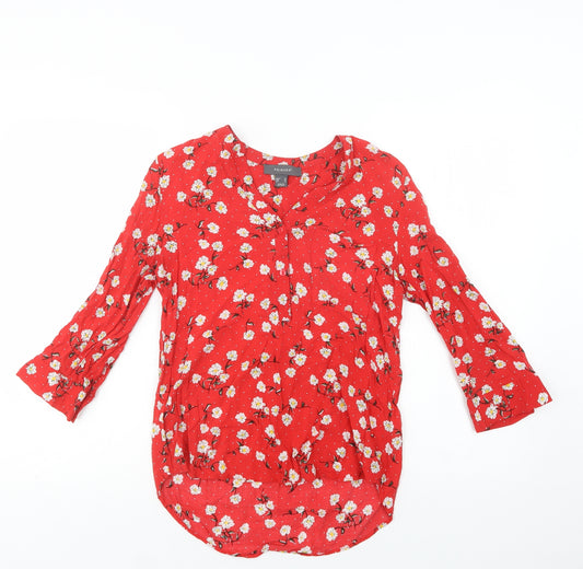 Front view of Primark women’s red floral viscose basic button-up, size UK 8, v-neck