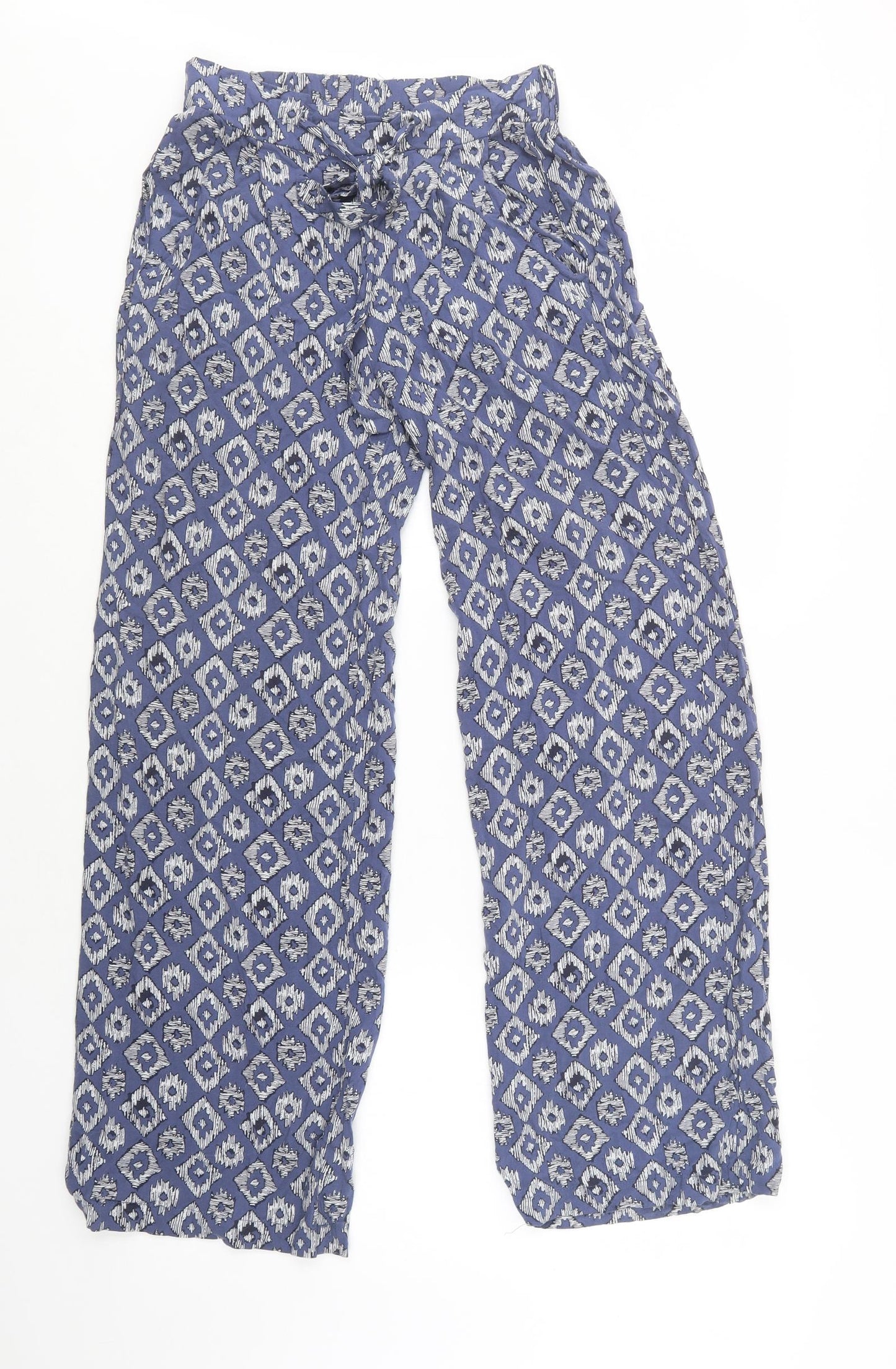 Primark Womens Blue Geometric Viscose Trousers  Size 6 L32 in Regular Drawstring