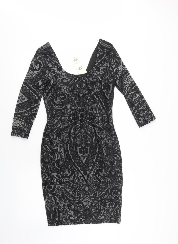 Miss Selfridge Womens Black Floral Polyamide Bodycon  Size 10  Scoop Neck  - Lace Overlay