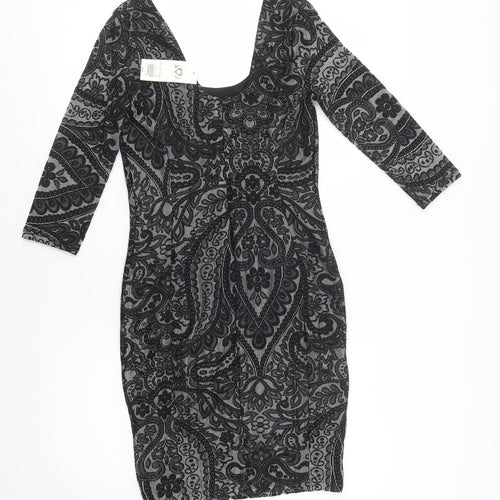 Miss Selfridge Womens Black Floral Polyamide Bodycon  Size 10  Scoop Neck  - Lace Overlay