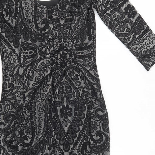 Miss Selfridge Womens Black Floral Polyamide Bodycon  Size 10  Scoop Neck  - Lace Overlay