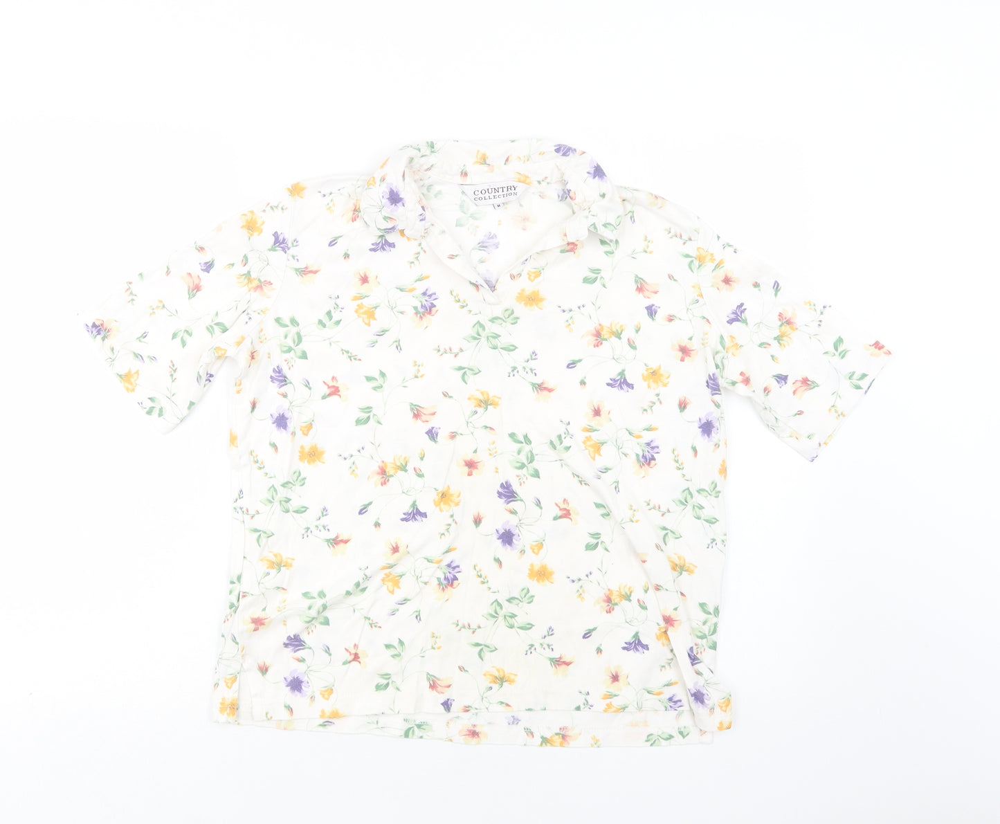 Country Collection Womens White Floral Cotton Basic Blouse Size M Collared