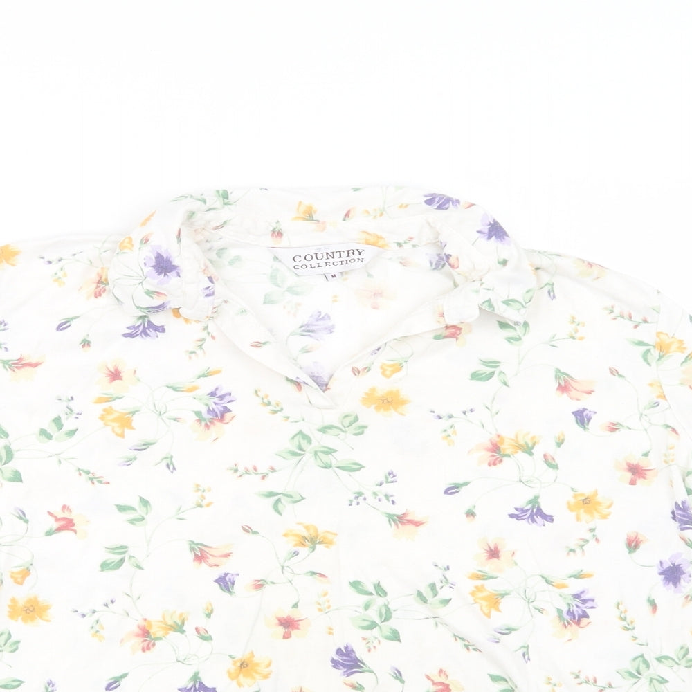 Country Collection Womens White Floral Cotton Basic Blouse Size M Collared