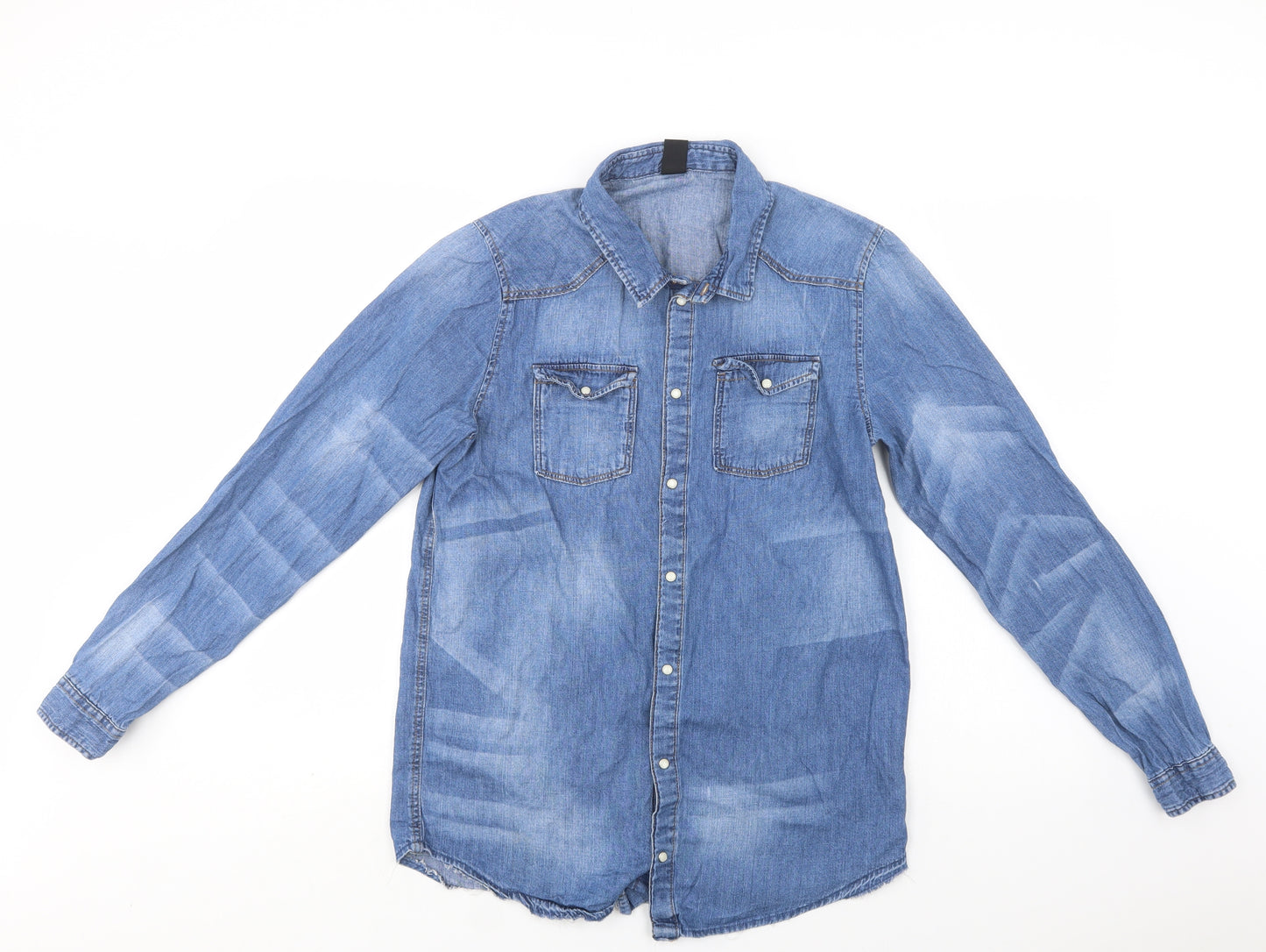H&M Girls Blue  Cotton Basic Button-Up Size 14-15 Years Collared Snap
