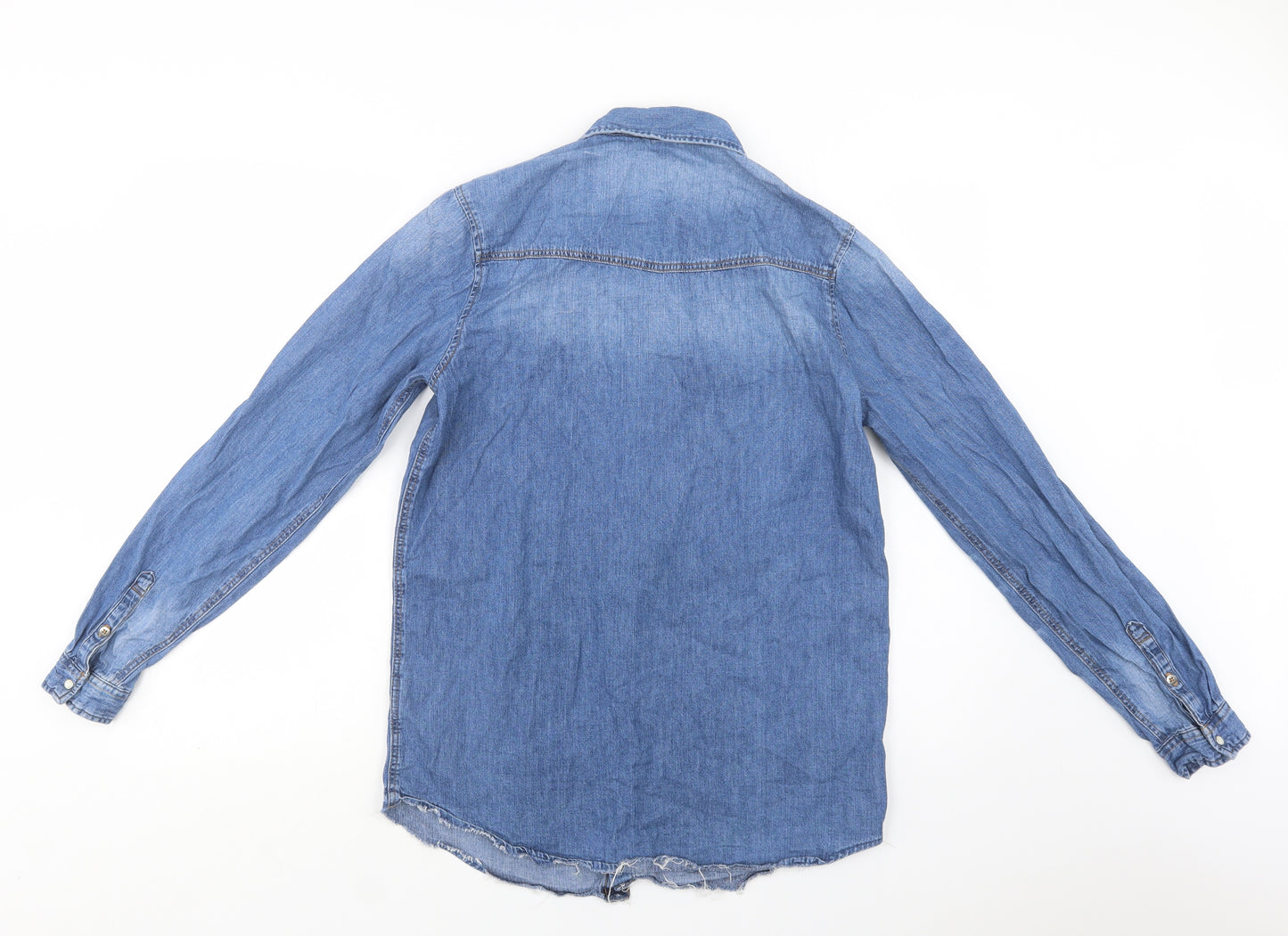H&M Girls Blue  Cotton Basic Button-Up Size 14-15 Years Collared Snap