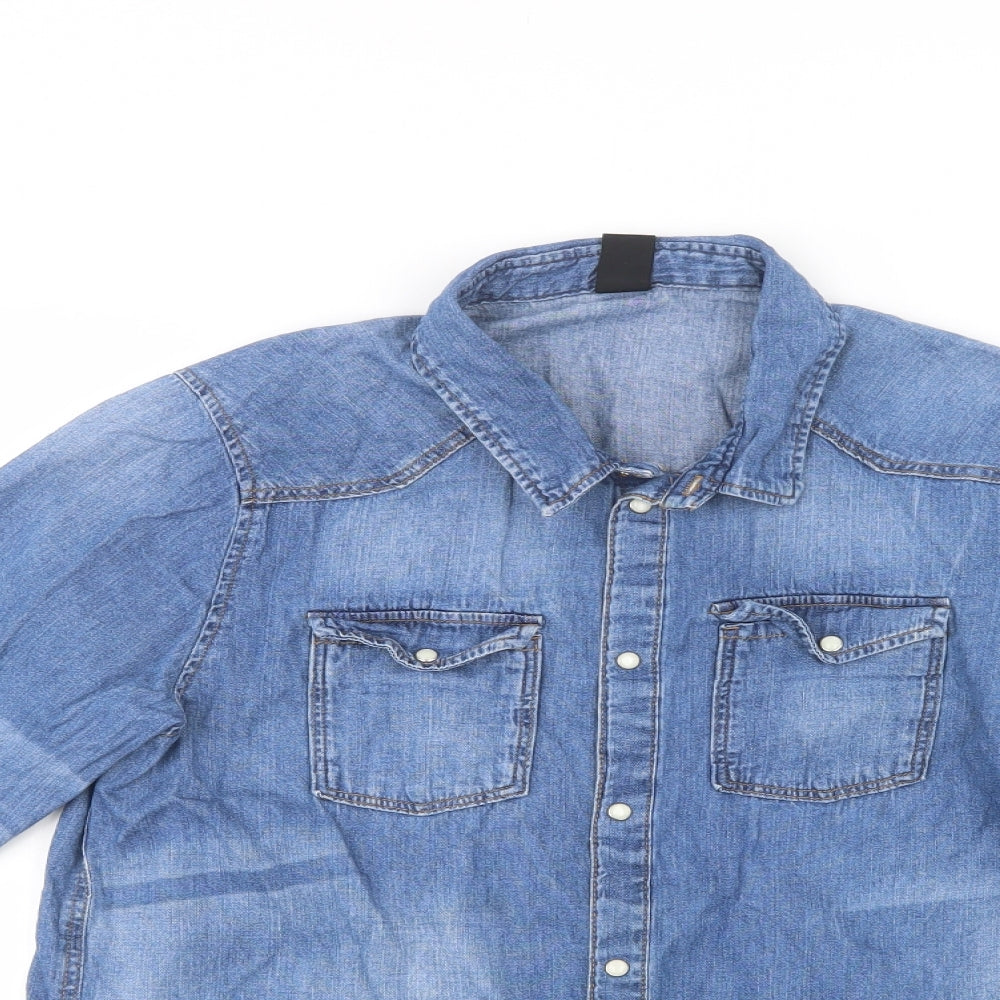 H&M Girls Blue  Cotton Basic Button-Up Size 14-15 Years Collared Snap
