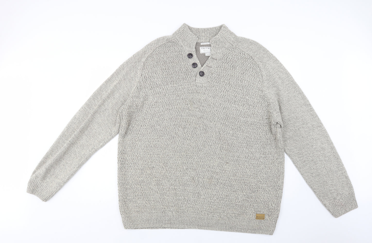 F&F Mens Beige Collared  Acrylic Henley Jumper Size 3XL