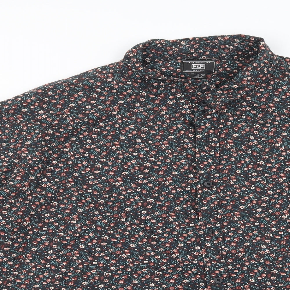 F&F Mens Black Floral Cotton  Button-Up Size 4XL Collared Button