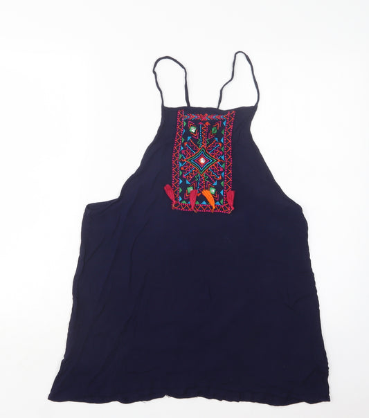 Front view of Papaya women’s blue viscose basic tank, size M, square neck