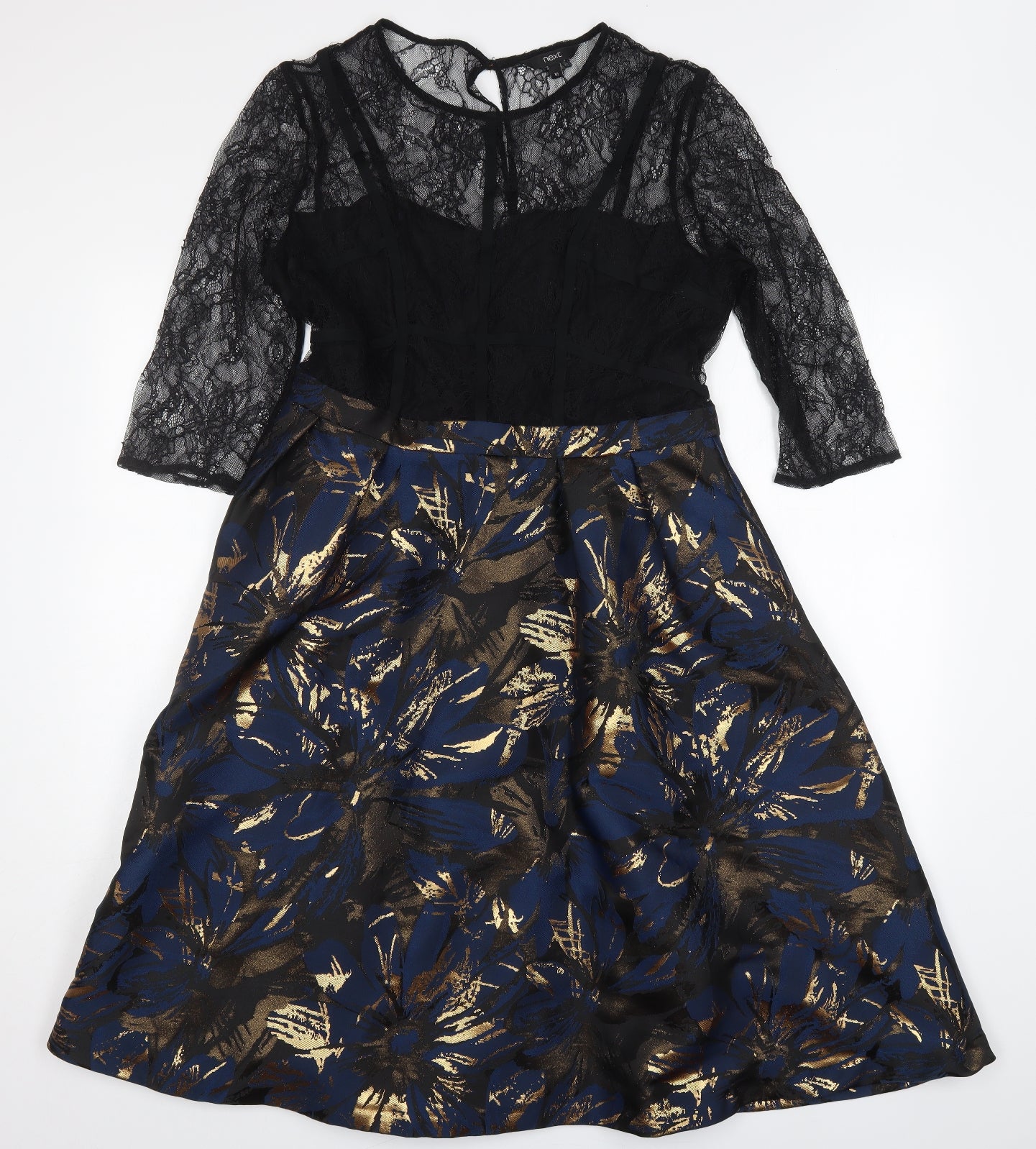 NEXT Womens Blue Geometric Polyester Skater Dress  Size 16  Roll Neck Zip