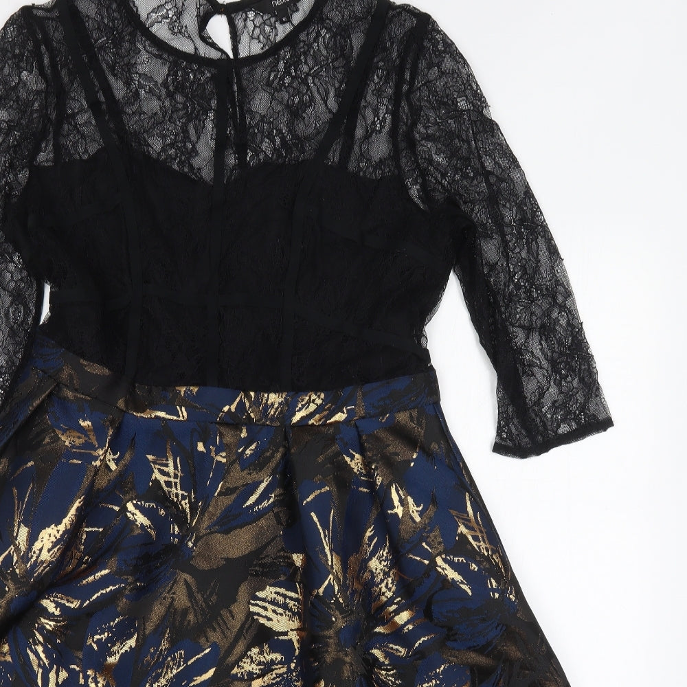 NEXT Womens Blue Geometric Polyester Skater Dress  Size 16  Roll Neck Zip