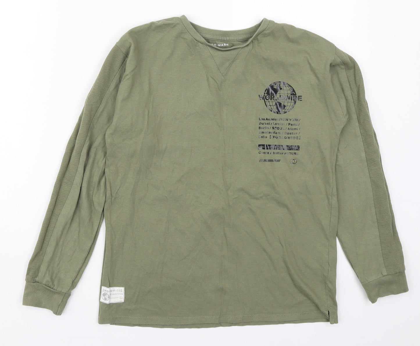 Primark Boys Green  Cotton Basic T-Shirt Size 10-11 Years Crew Neck Pullover - Worldwide