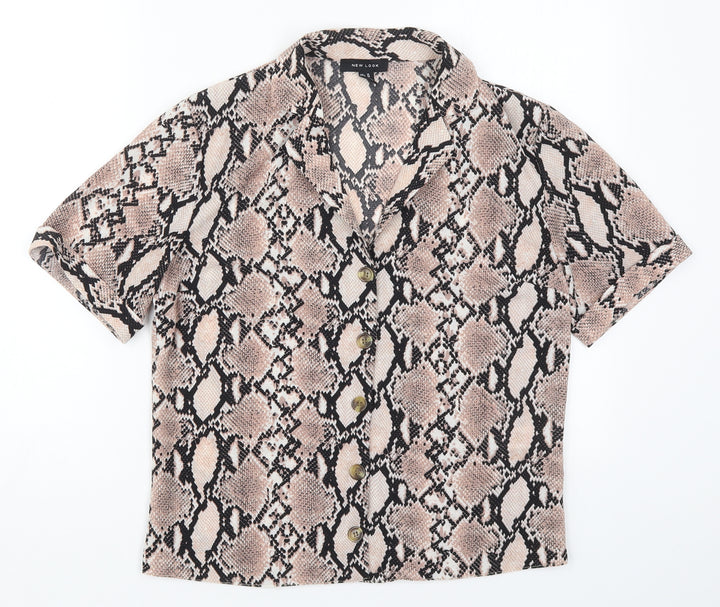 New Look Womens Pink Animal Print Polyester Basic Button-Up Size 10 Collared