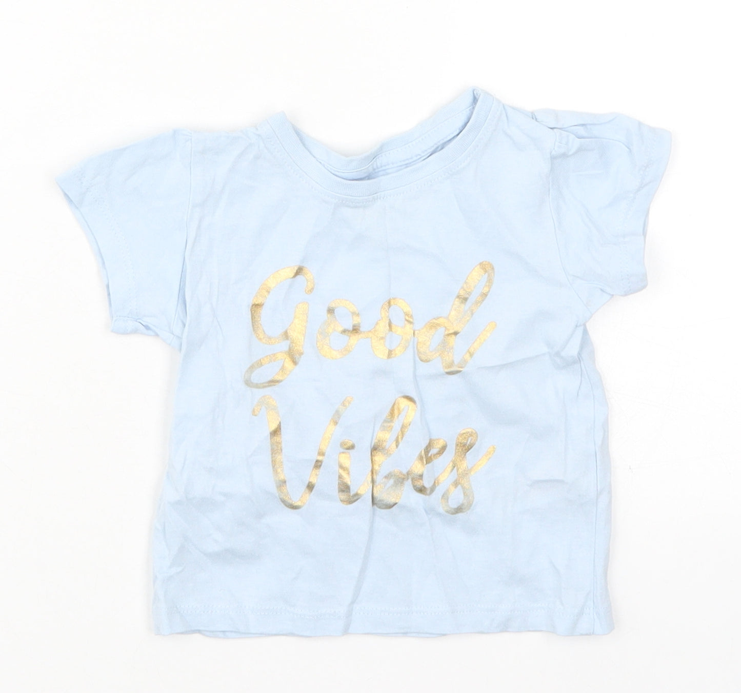 Primark Baby Blue  Cotton Basic T-Shirt Size 9-12 Months Crew Neck Pullover - Good Vibes
