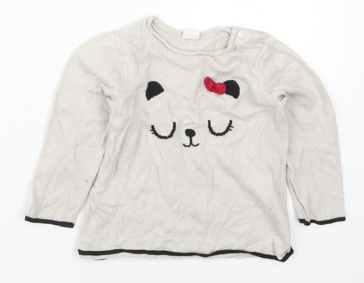 H&M Girls Beige Round Neck  Cotton Pullover Jumper Size 2 Years  Pullover - Bear