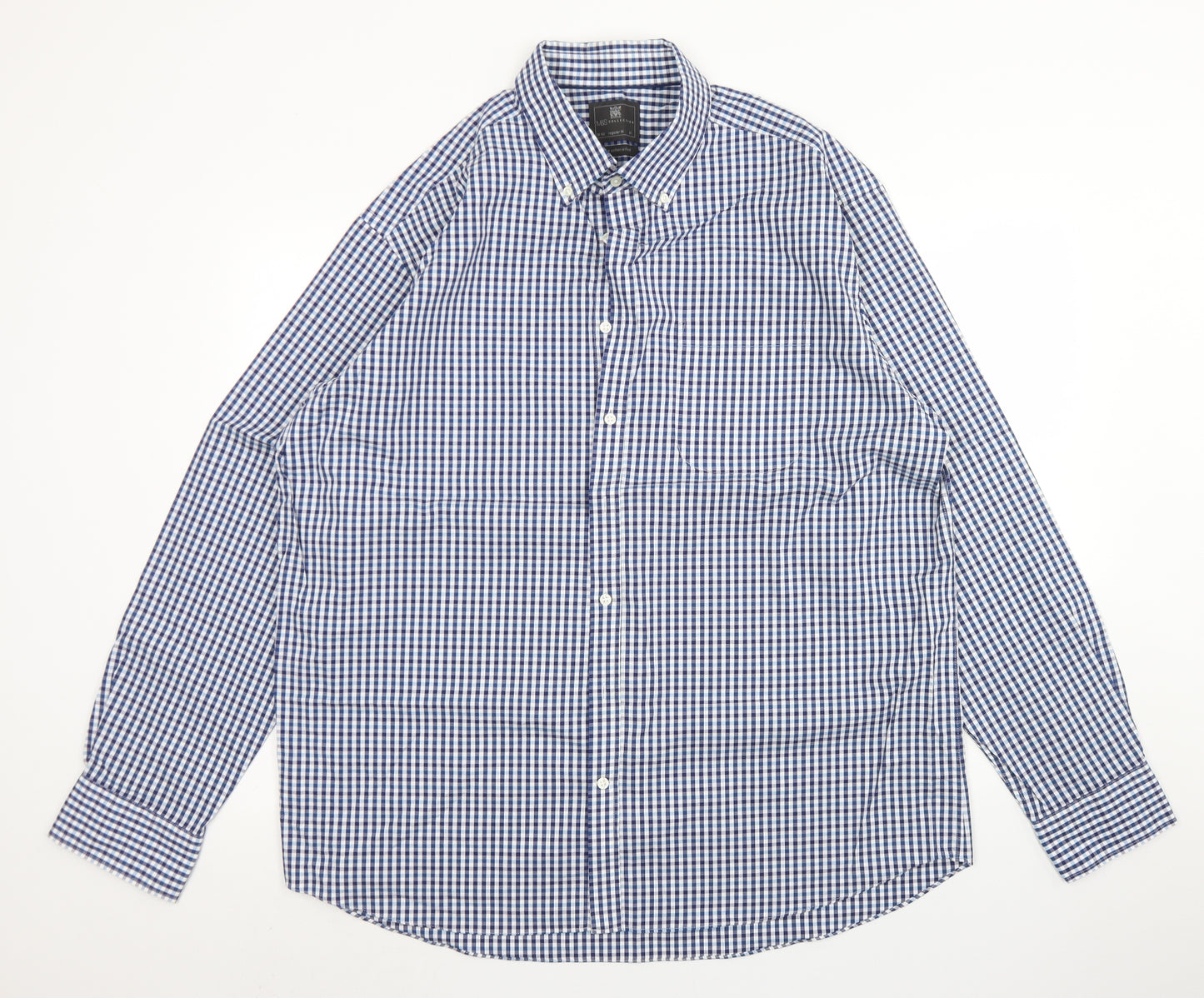 M&S Collection Mens Blue Check Cotton  Dress Shirt Size 18.5 Collared Button