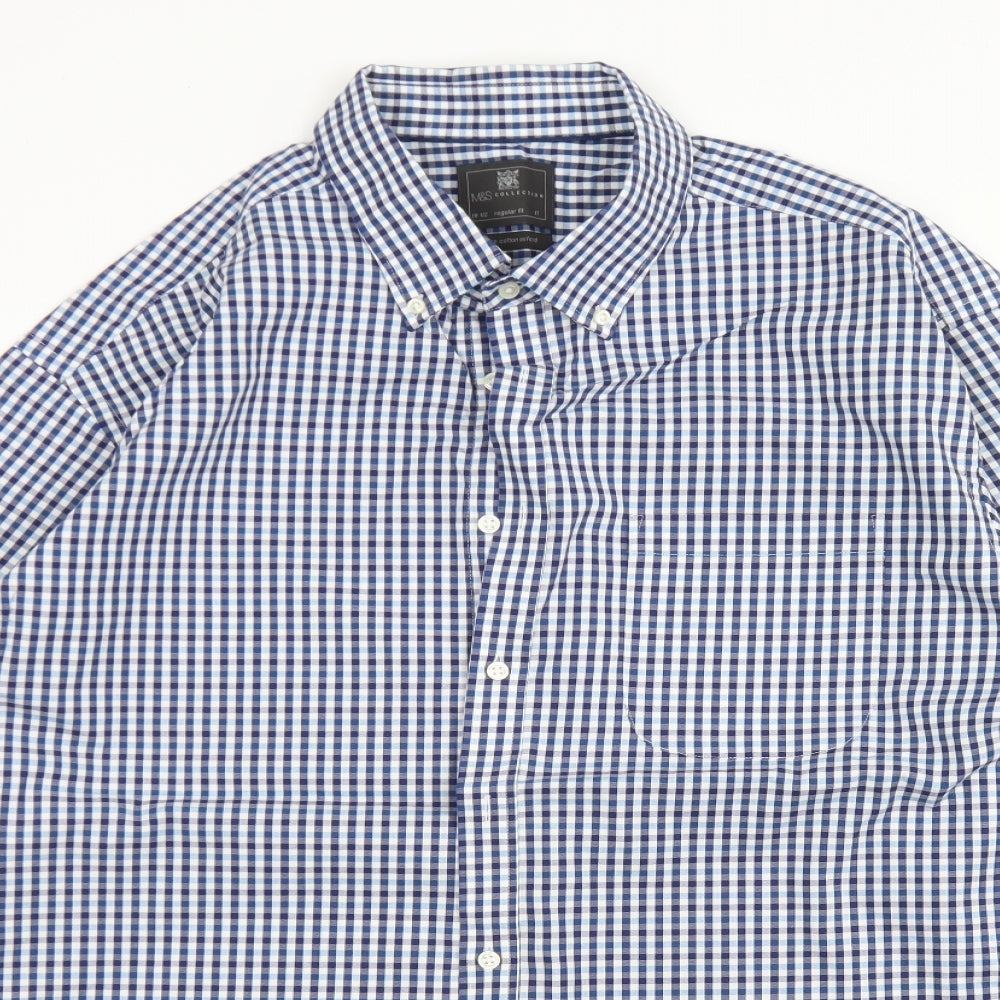 M&S Collection Mens Blue Check Cotton  Dress Shirt Size 18.5 Collared Button