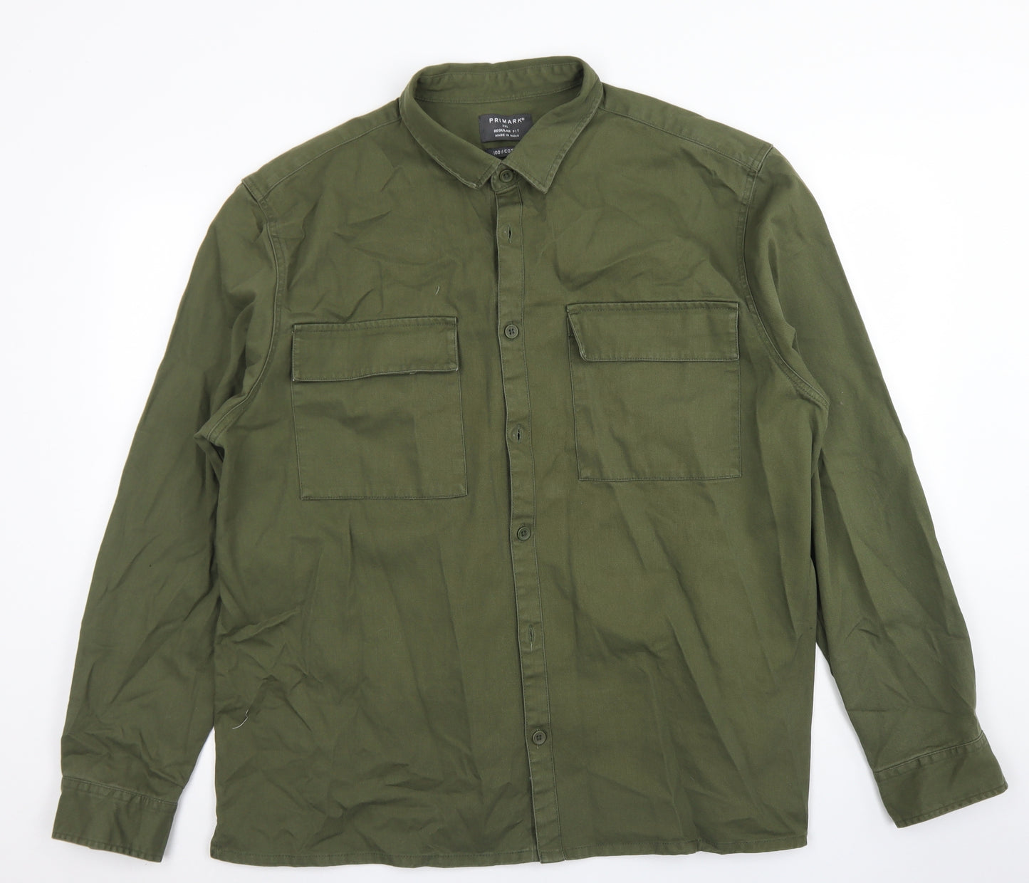 Primark Mens Green  Cotton  Button-Up Size 2XL Collared Button - Chest Pockets