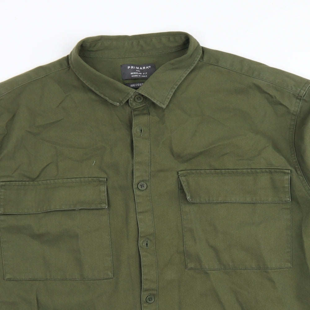 Primark Mens Green  Cotton  Button-Up Size 2XL Collared Button - Chest Pockets