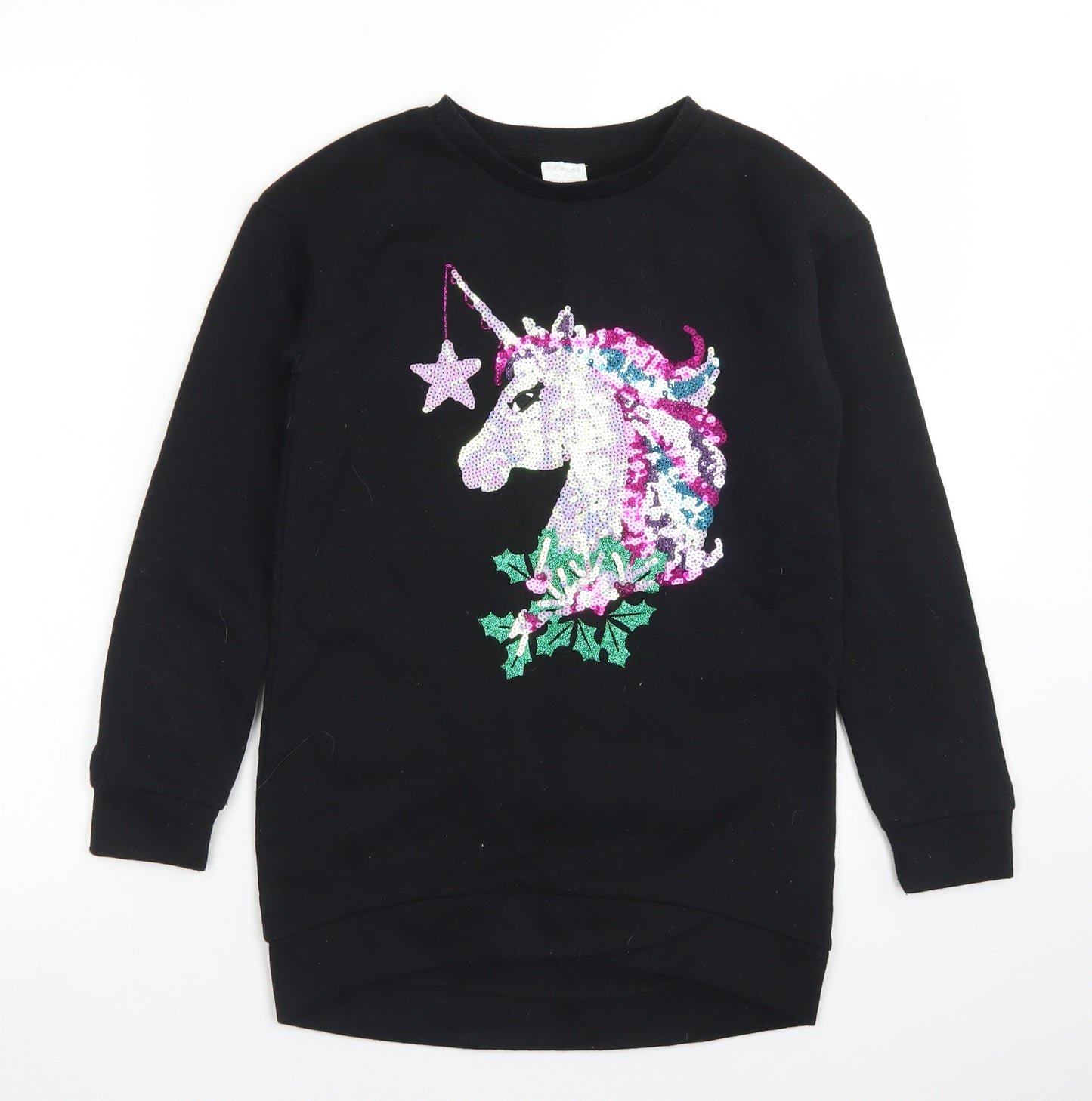 F&F Girls Black  Polyester Pullover Sweatshirt Size 9-10 Years   - Unicorn