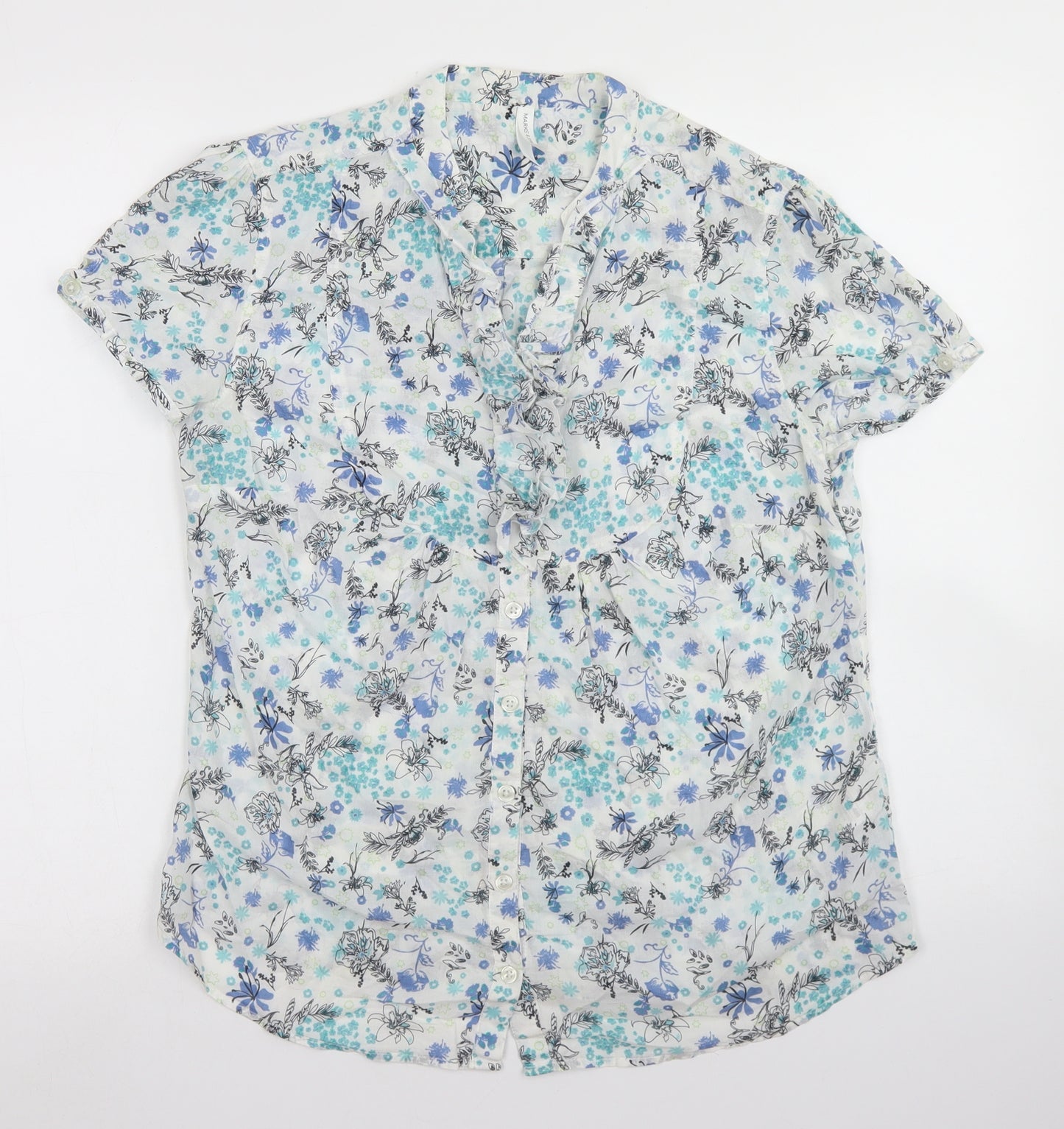 Marks & Spencer Womens White Floral Cotton Basic Button-Up Size 14 Round Neck