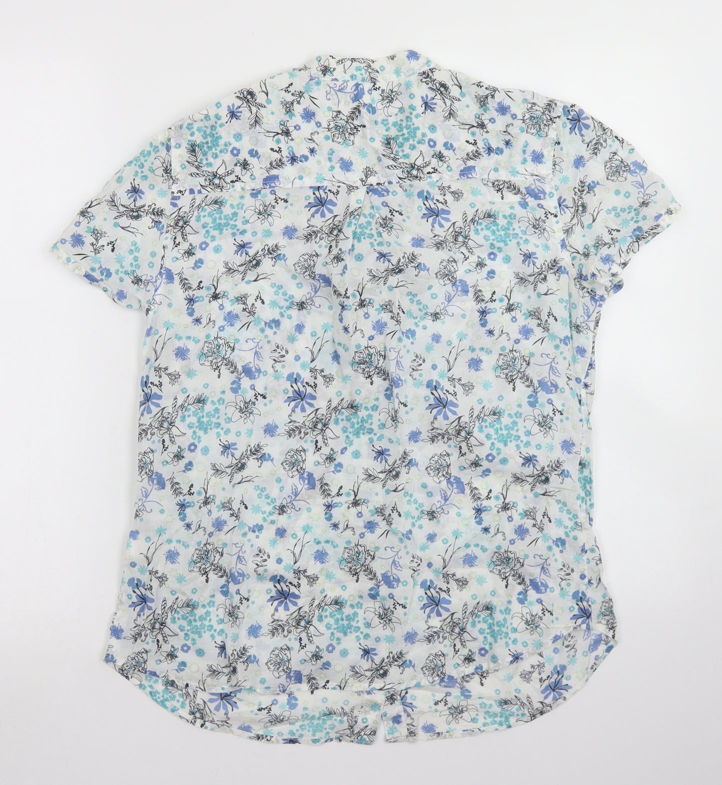 Marks & Spencer Womens White Floral Cotton Basic Button-Up Size 14 Round Neck