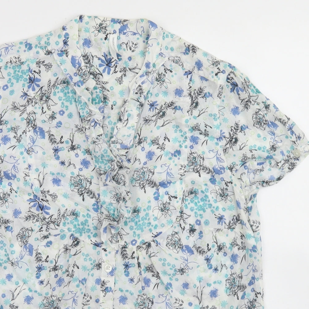 Marks & Spencer Womens White Floral Cotton Basic Button-Up Size 14 Round Neck