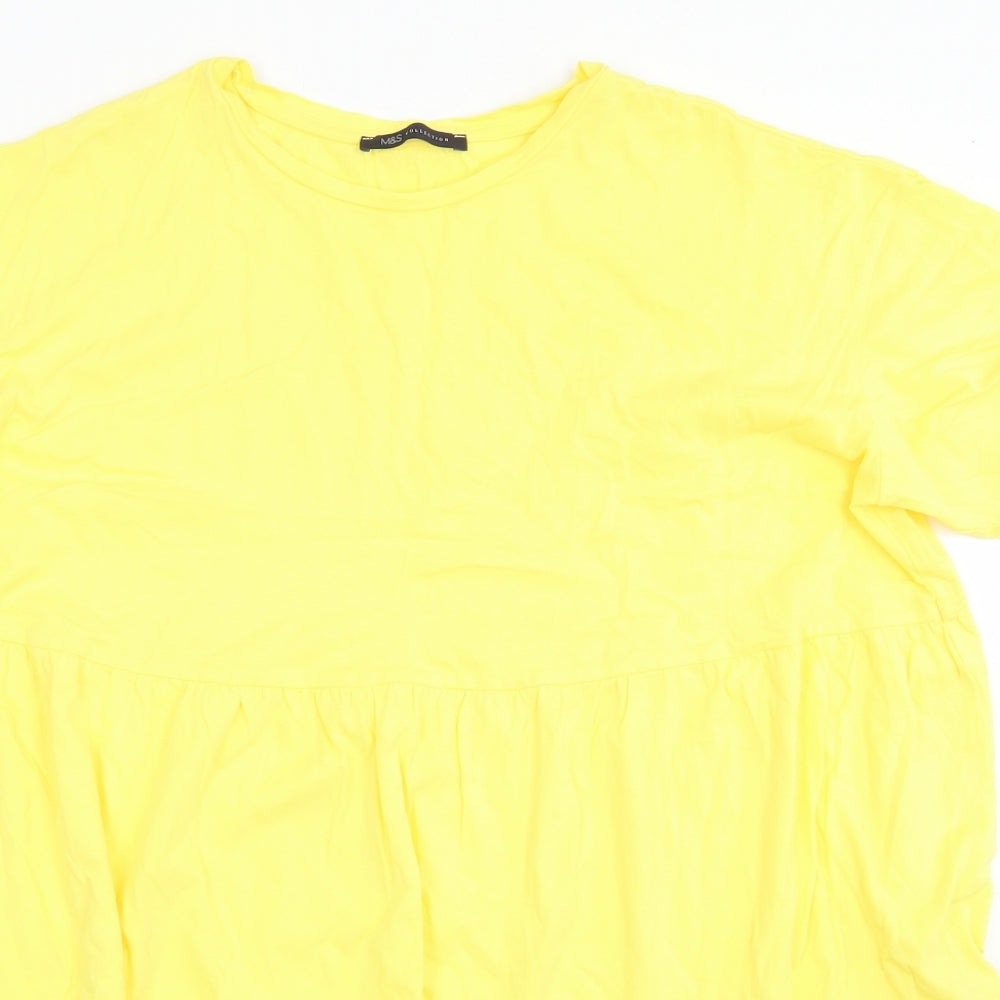 M&S Collection Womens Yellow  Cotton Basic T-Shirt Size 16 Crew Neck - Peplum