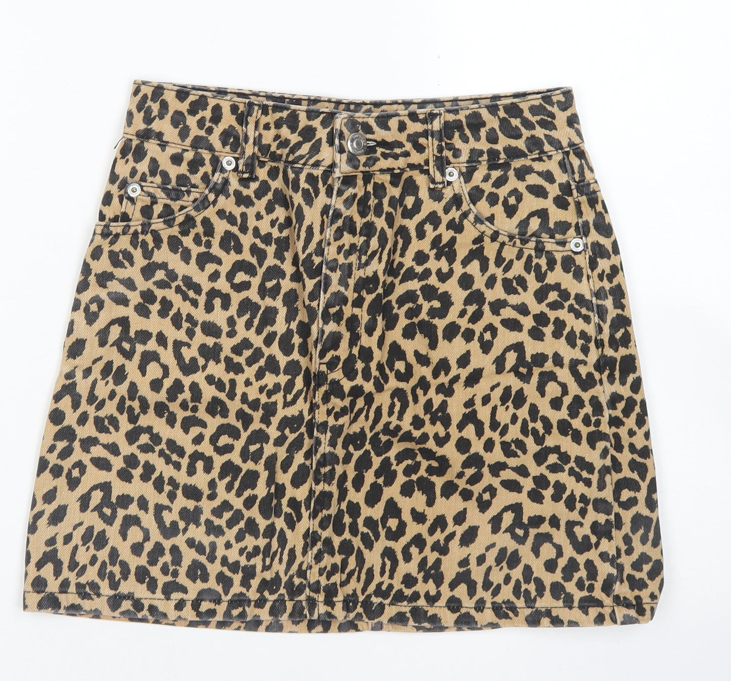 Topshop Womens Brown Animal Print Cotton A-Line Skirt Size 4   Button - leopard print