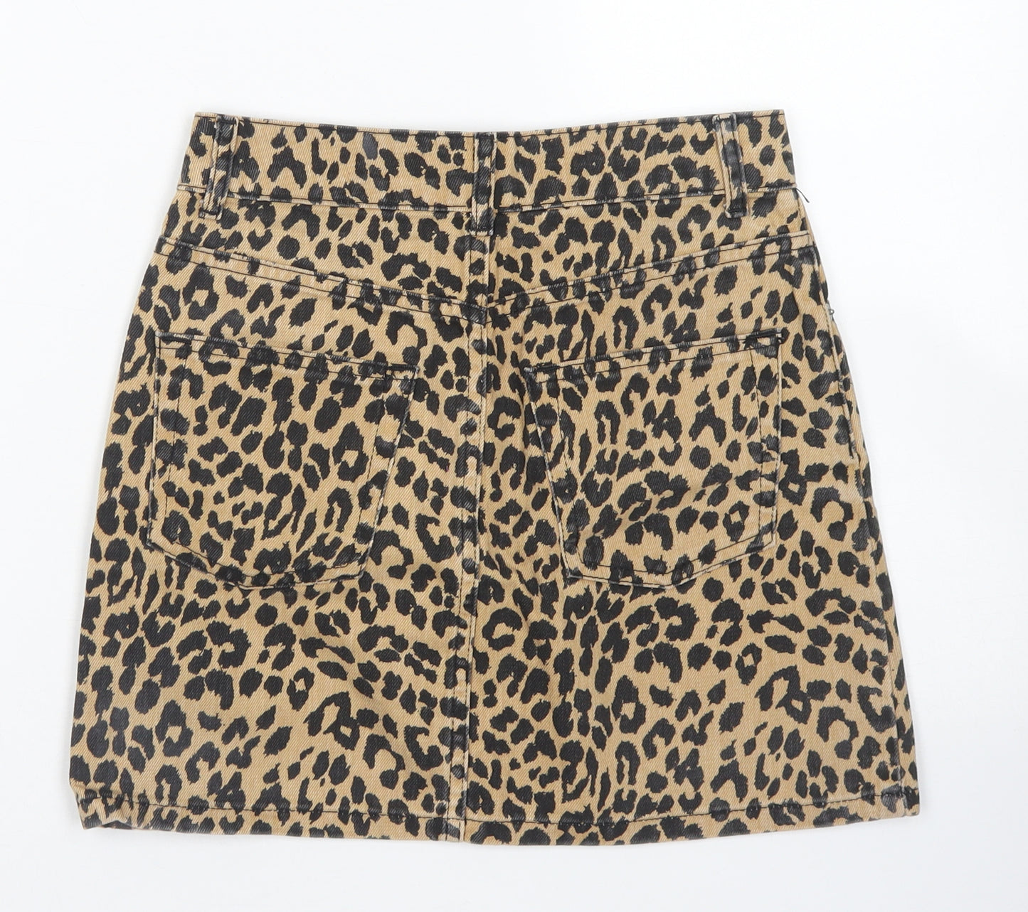 Topshop Womens Brown Animal Print Cotton A-Line Skirt Size 4   Button - leopard print