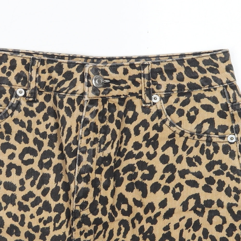 Topshop Womens Brown Animal Print Cotton A-Line Skirt Size 4   Button - leopard print