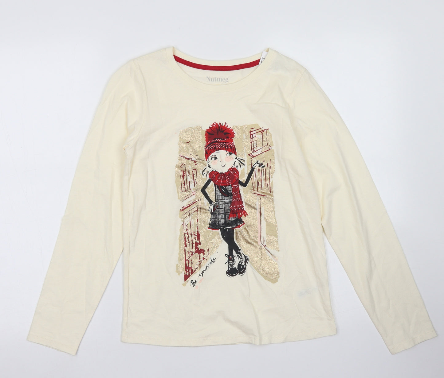 Nutmeg Girls Ivory  Cotton Basic T-Shirt Size 12-13 Years Crew Neck