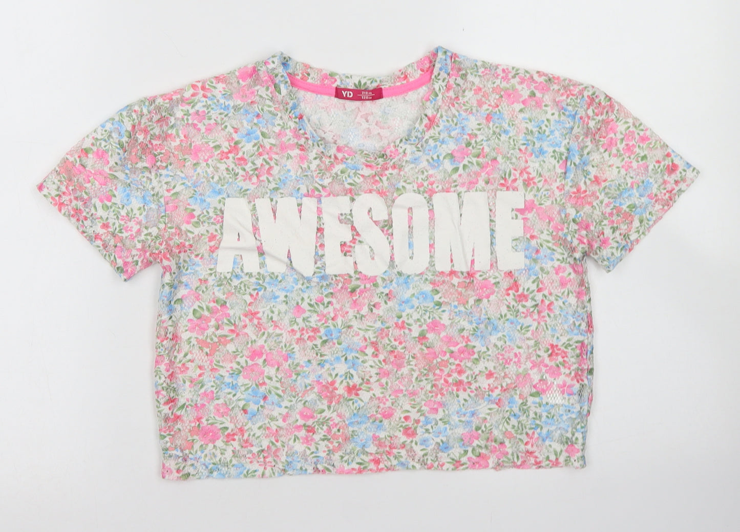 Young Dime3nsion Girls Ivory Floral Polyester Cropped Blouse Size 7-8 Years Crew Neck