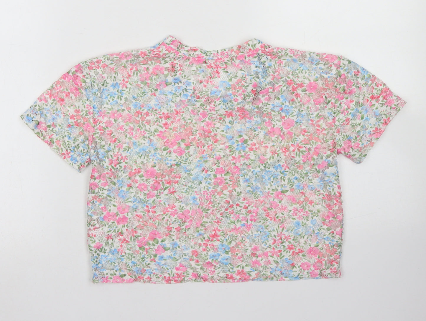 Young Dime3nsion Girls Ivory Floral Polyester Cropped Blouse Size 7-8 Years Crew Neck