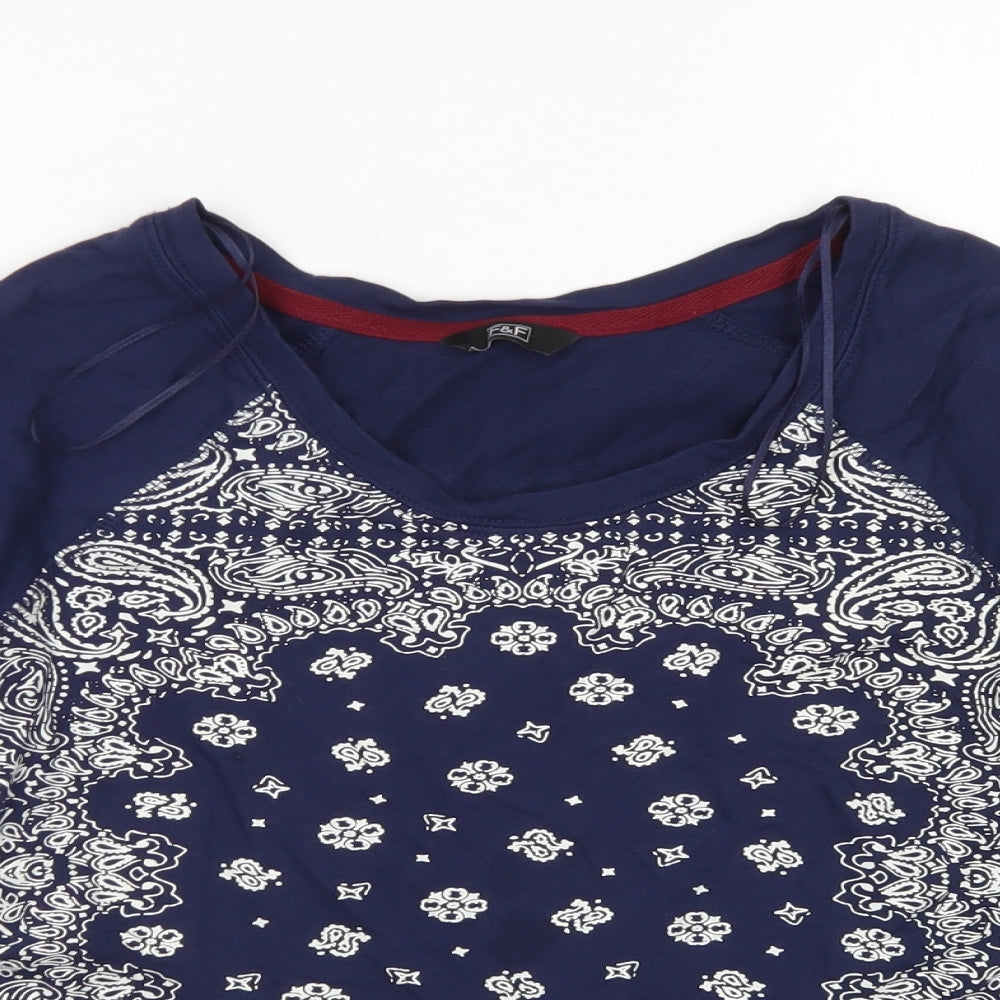 F&F Womens Blue Paisley Cotton Basic T-Shirt Size 12 Round Neck
