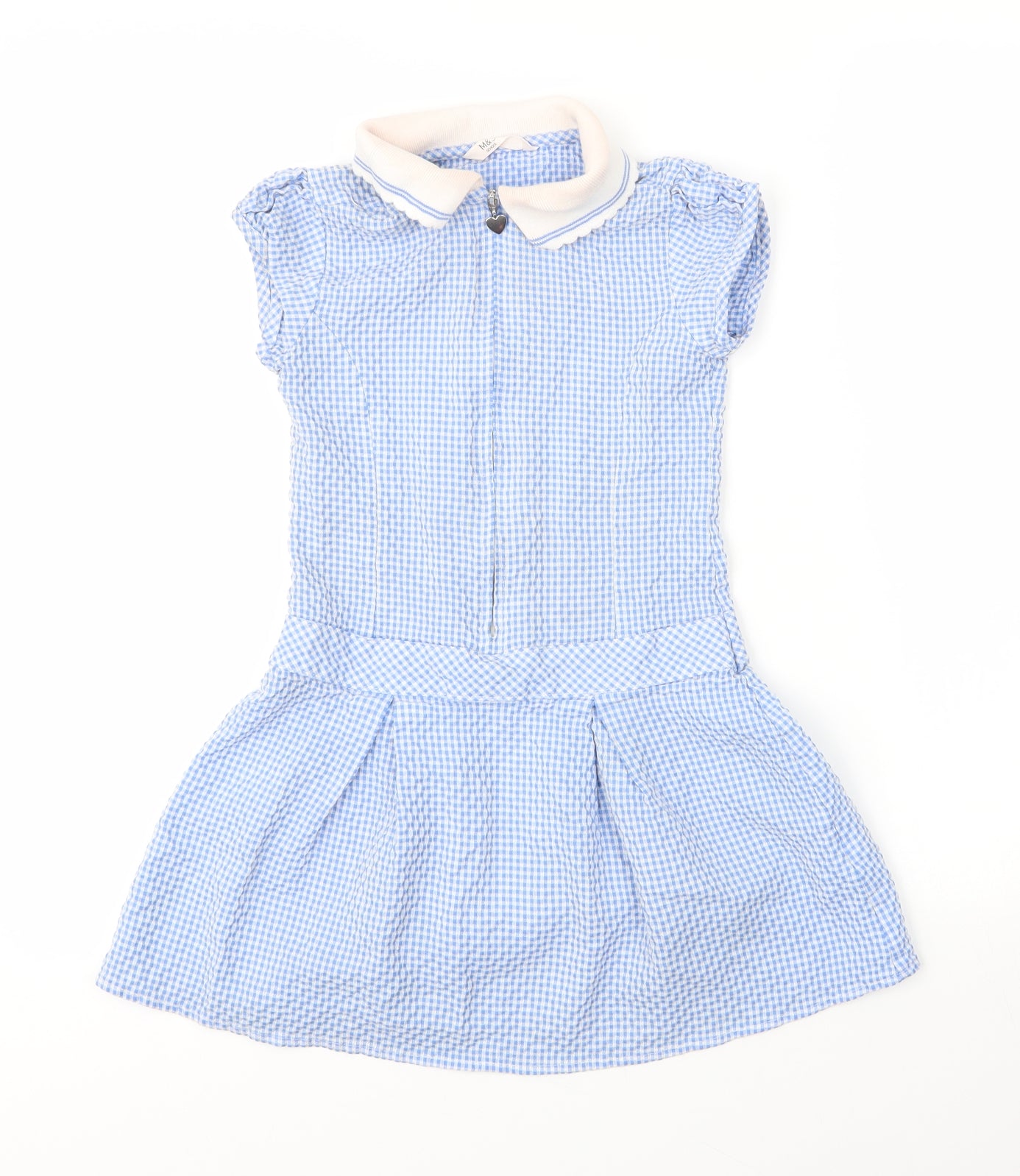 M&S Girls Blue Check Cotton A-Line  Size 6 Years  Collared Zip