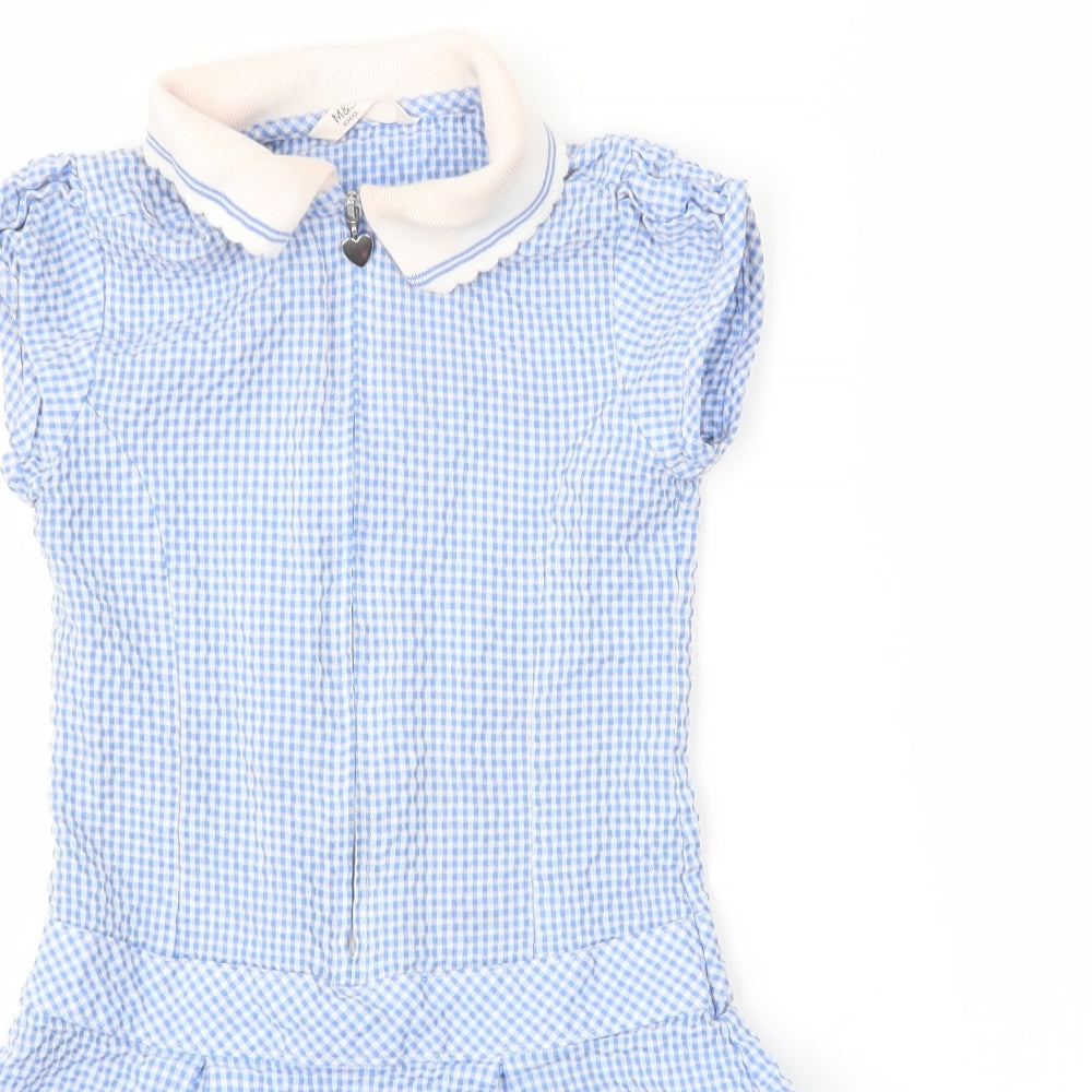 M&S Girls Blue Check Cotton A-Line  Size 6 Years  Collared Zip