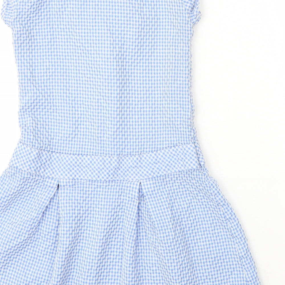 M&S Girls Blue Check Cotton A-Line  Size 6 Years  Collared Zip