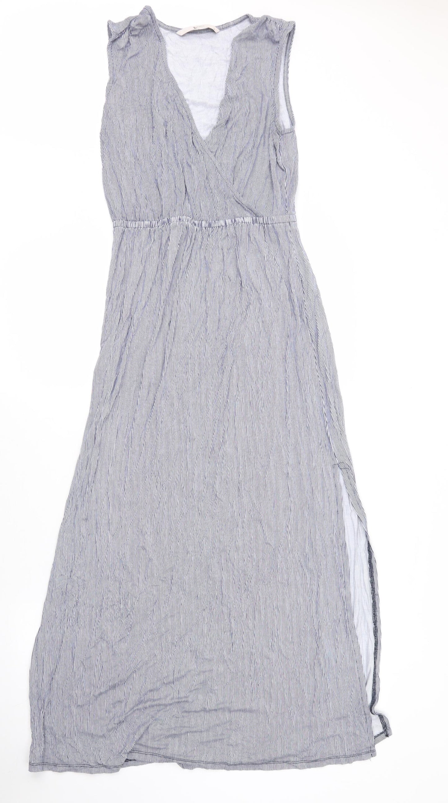 TU Womens Blue Striped Viscose A-Line  Size 10  V-Neck