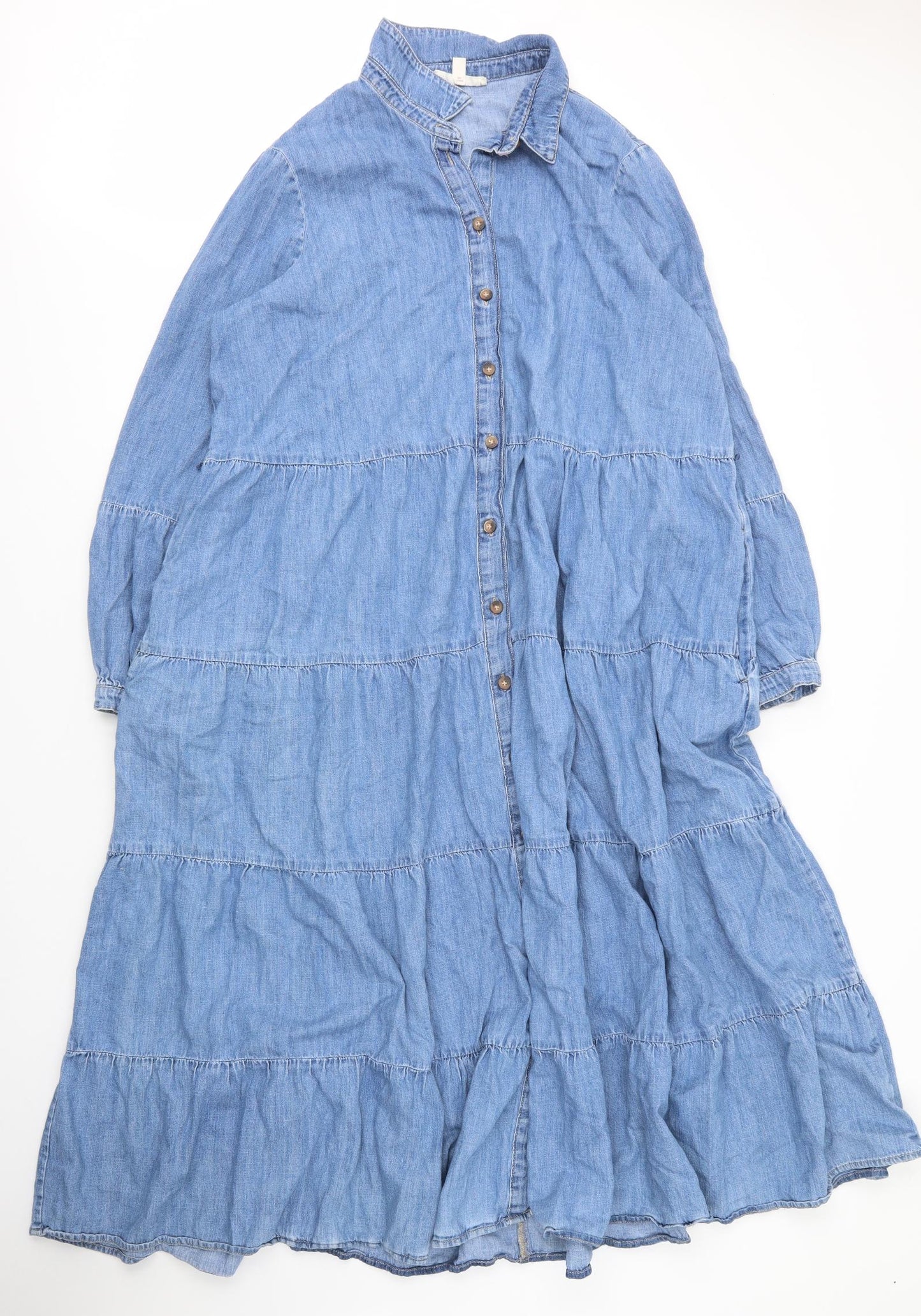 M&S Womens Blue  Cotton Shirt Dress  Size 16  Collared Button