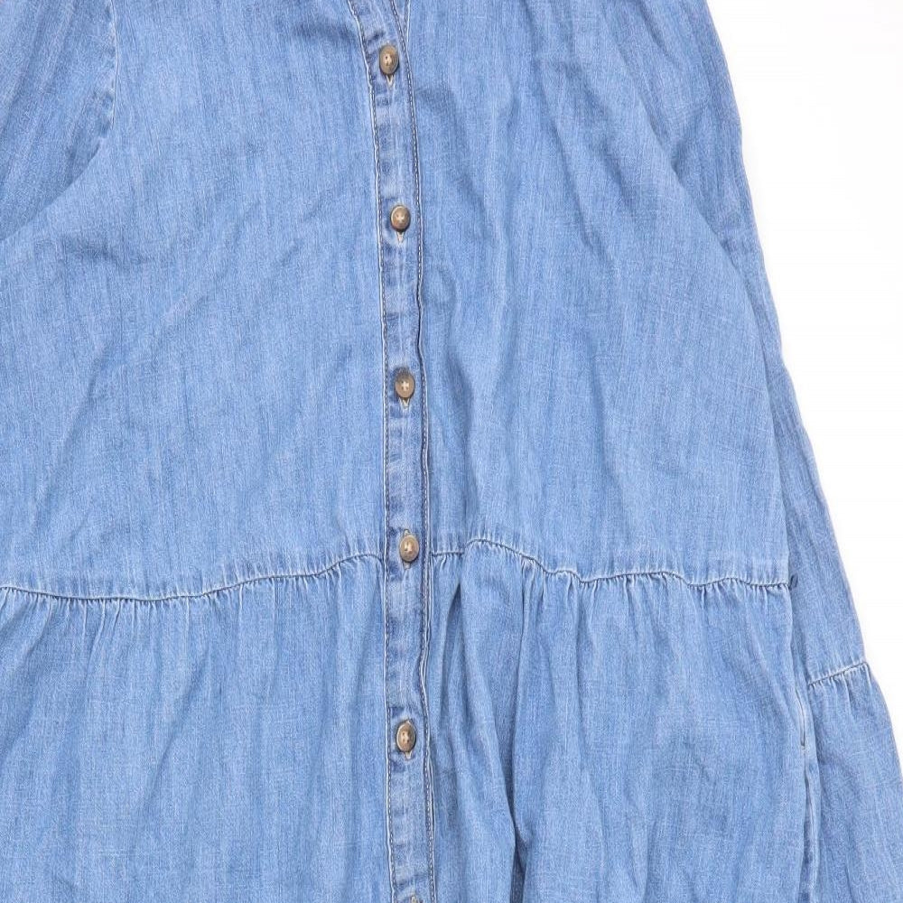 M&S Womens Blue  Cotton Shirt Dress  Size 16  Collared Button
