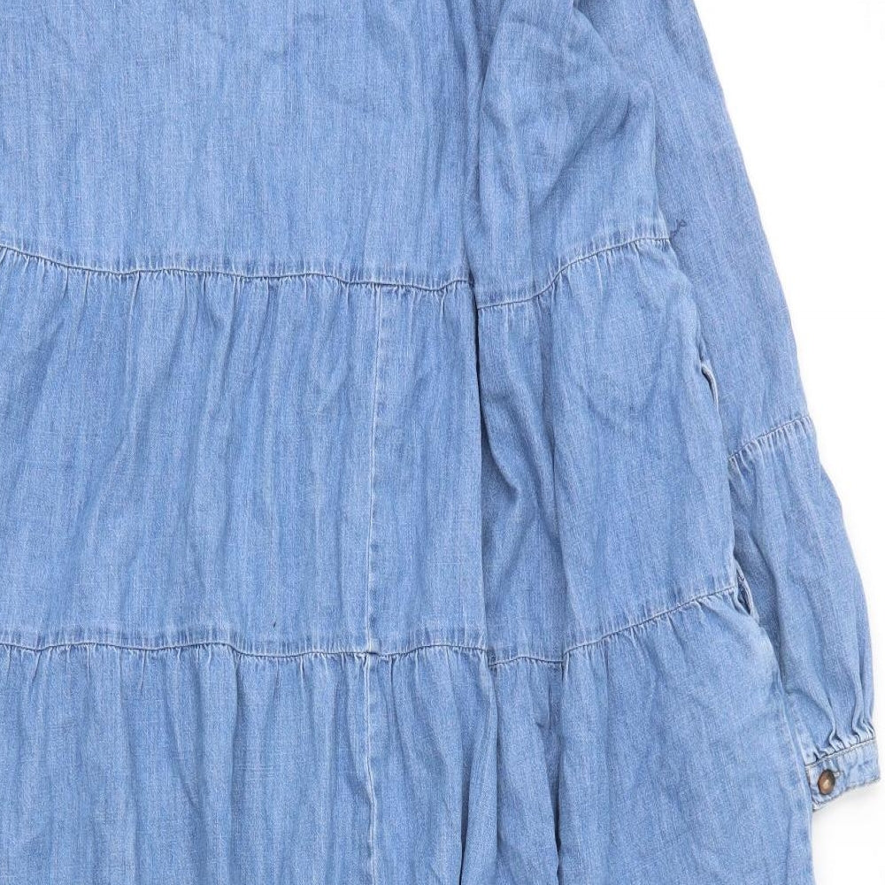 M&S Womens Blue  Cotton Shirt Dress  Size 16  Collared Button
