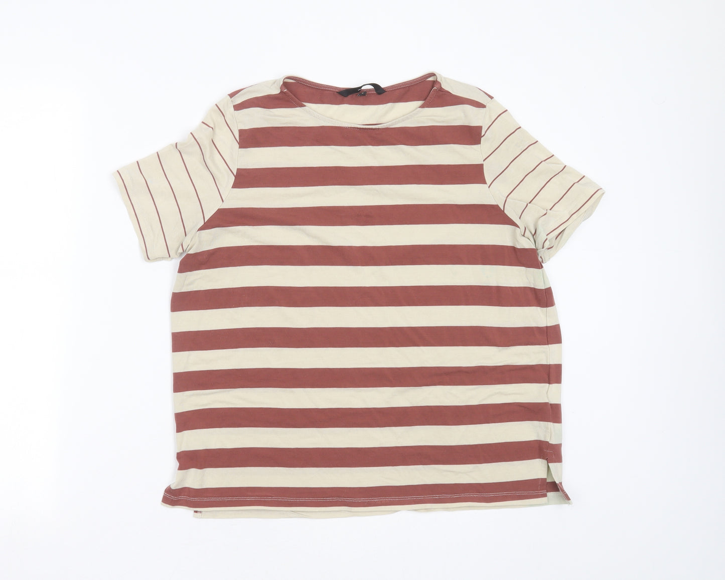 VERO MODA Womens Beige Striped Lyocell Basic T-Shirt Size M Round Neck