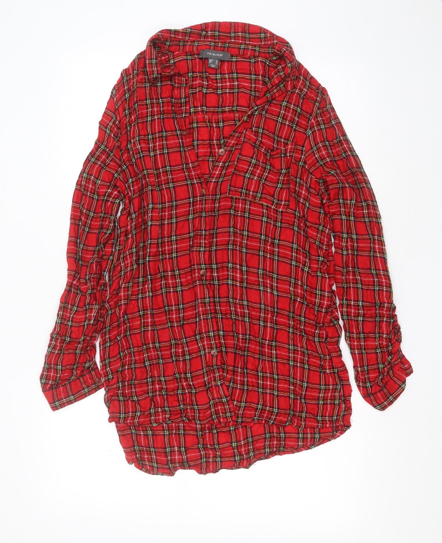 Primark Womens Red Plaid Viscose Basic Button-Up Size 12 Collared