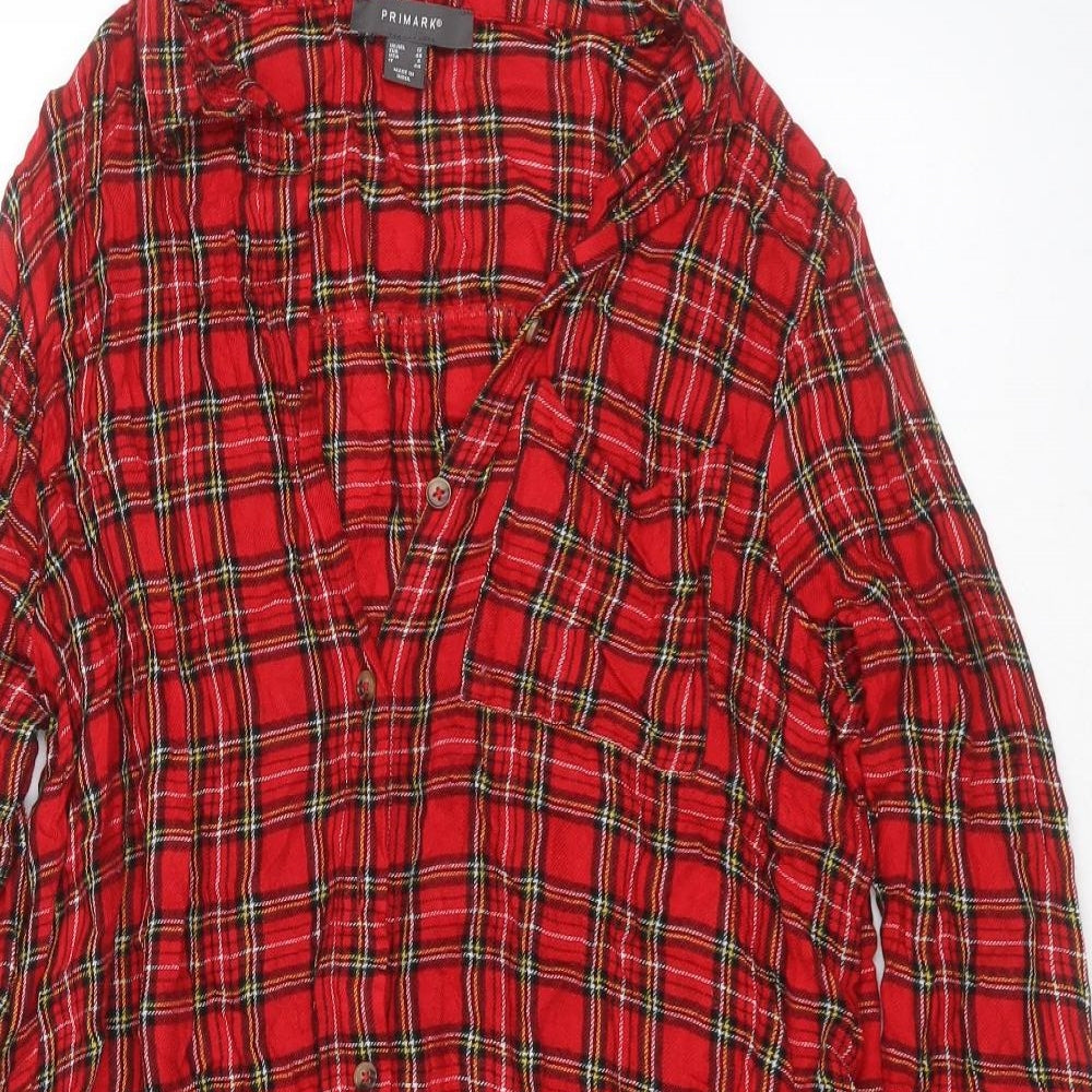Primark Womens Red Plaid Viscose Basic Button-Up Size 12 Collared