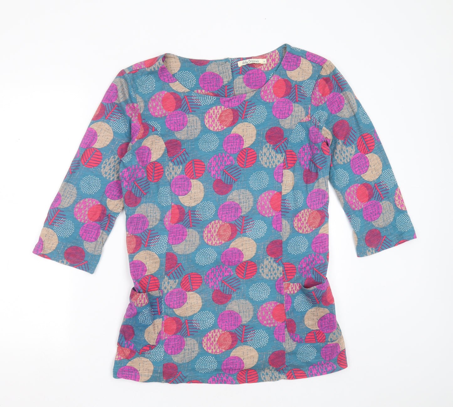 Lily Originals Womens Multicoloured Geometric Cotton Basic T-Shirt Size 14 Round Neck